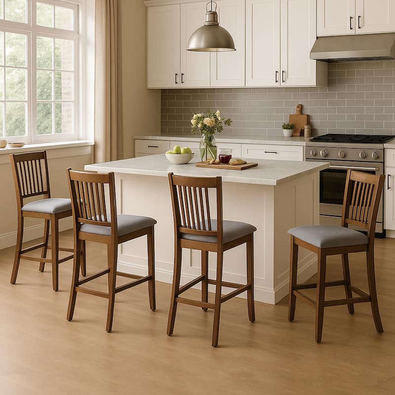 Farmhouse 24.8" Counter Height Chairs Slat Back Padded Wood Bar Stools - 21L×18W×35H - Set of 4 - Walnut