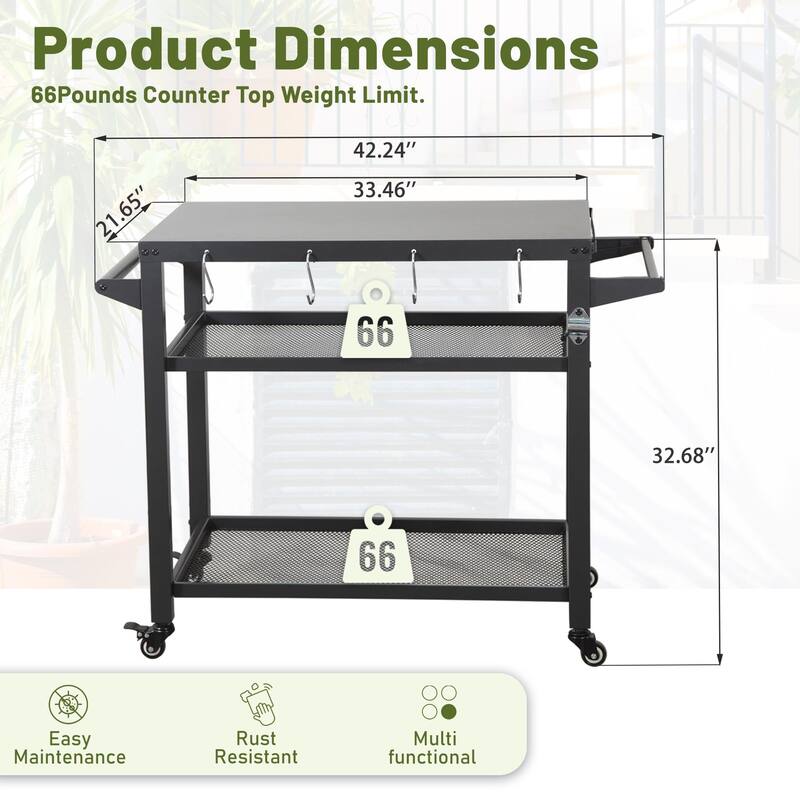 3-Shelf Outdoor Grill Table, Grill cart Outdoor with Wheels, Pizza Oven Table and Food Prep Table, Blackstone Table