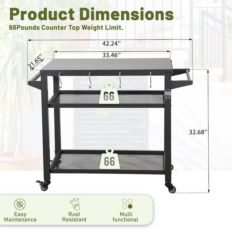GDFStudio - Kendrick 3-Tier Outdoor Grill Table with Rolling Wheels and Multifunctional Prep Surface
