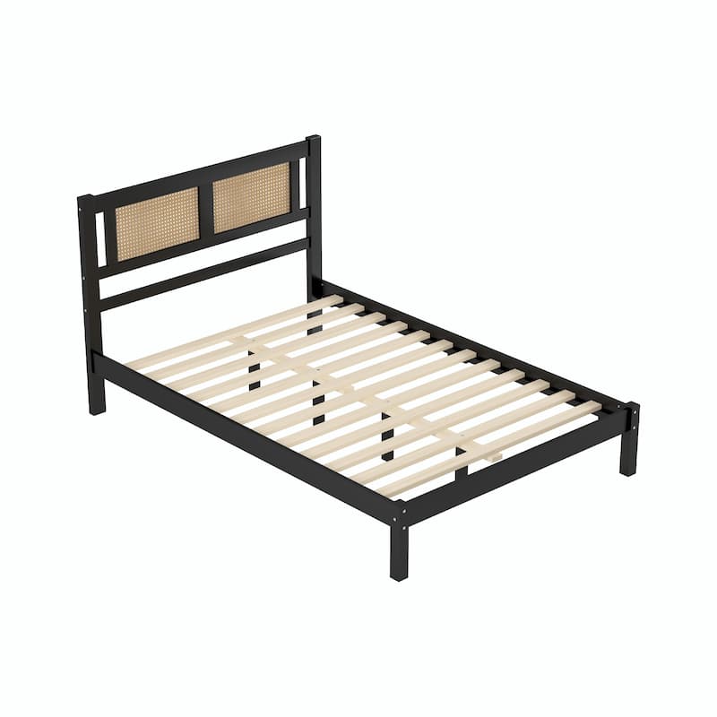 Wood Platform Bed with Natural Rattan Headboard, Elegant Minimalist Design