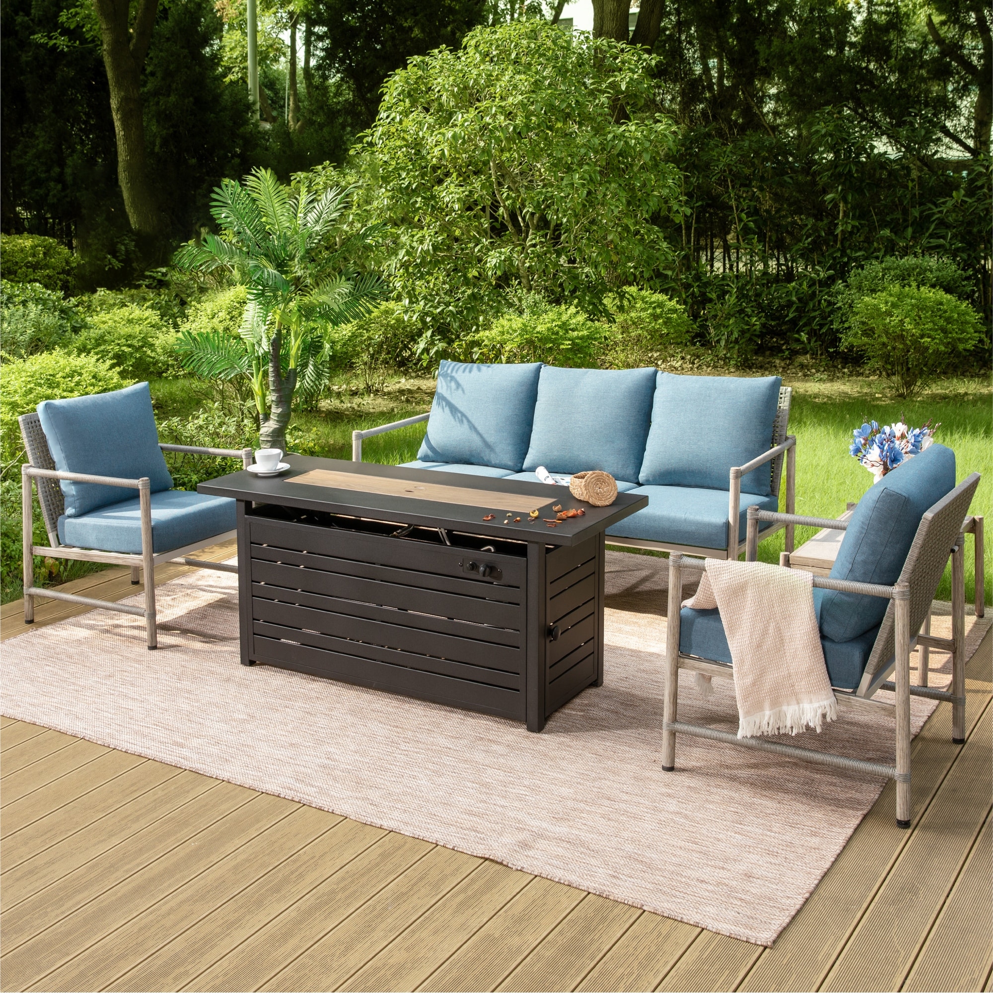 Outdoor Patio Cushioned Conversation Set with Wicker Back Armchairs and fire pit