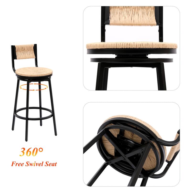 Swivel Counter Height Bar Stools Set of 2, Bar Height Stools, Paper Rope Woven Bar Stools, Farmhouse Island Chair w/ Metal Frame