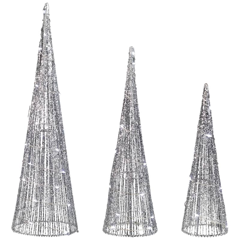 3 LED Silver Glitter Cone Tree Outdoor Christmas Decorations 23.5"