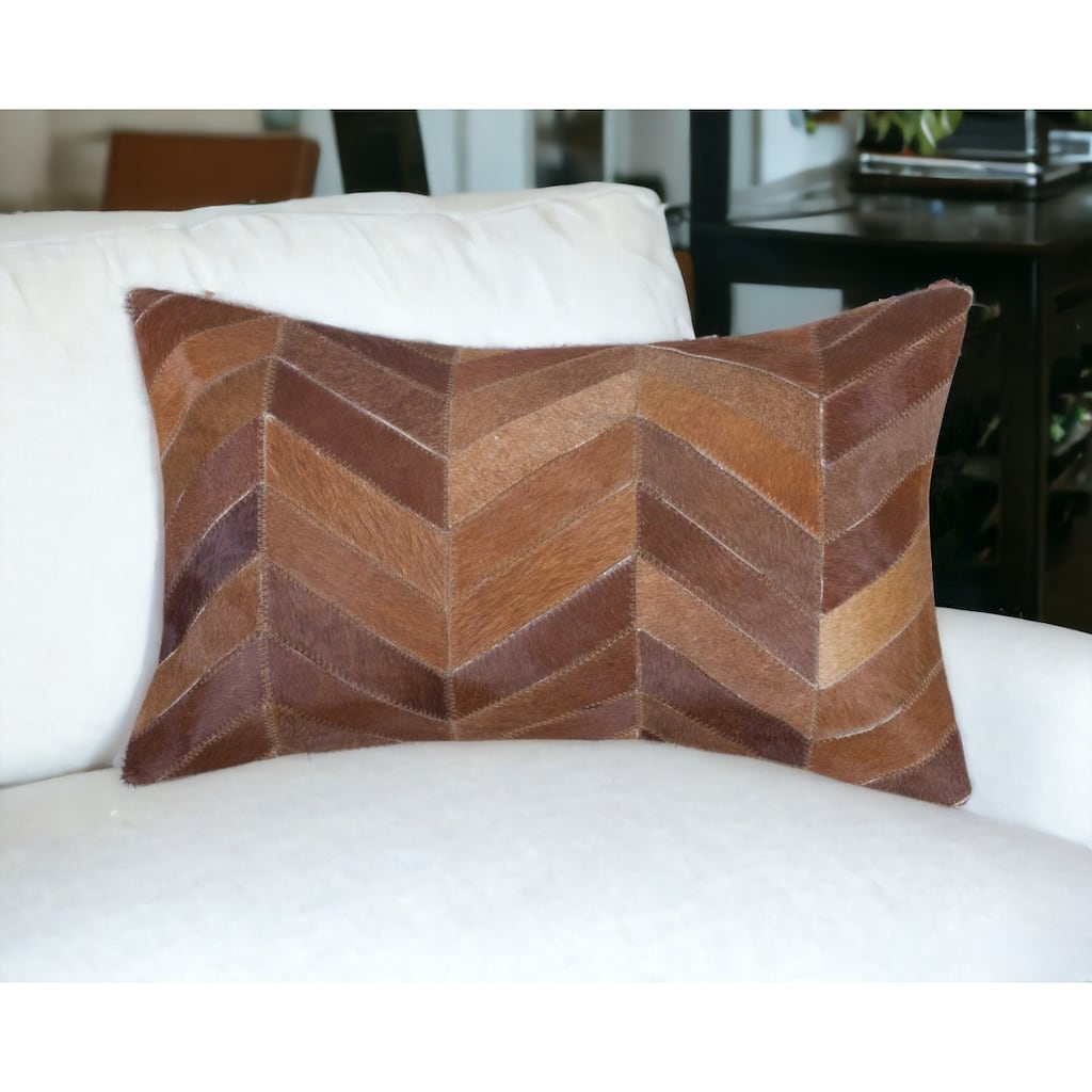 12" X 20" Brown and Tan Chevron Cowhide Throw Pillow