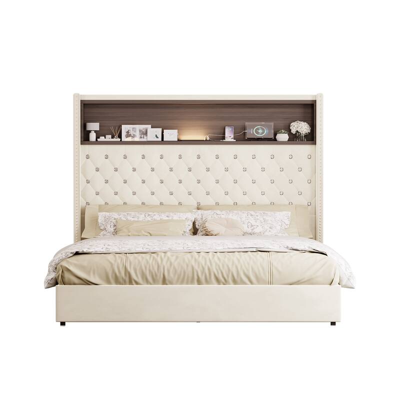 Luxurious Design Platform Bed Frame with USB Port and Night Light