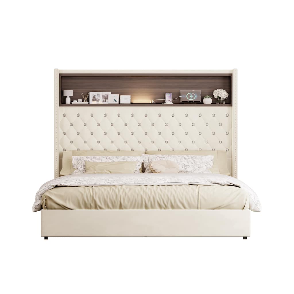 Queen Velvet Tufted Bed Frame with USB Port Night Light and Headboard Shelf