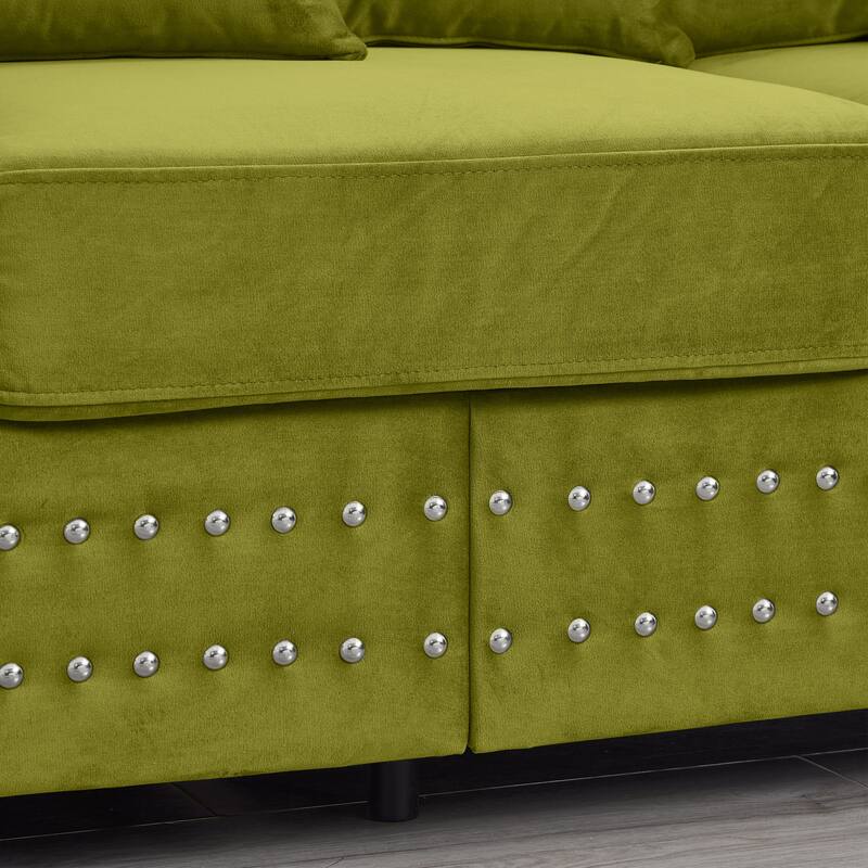 Velvet Loveseat Sofa with Storage, Comfy Upholstered Deep Seat Sofa, 2-Seater Sofa with Nailhead Trim & 6 Throw Pillows