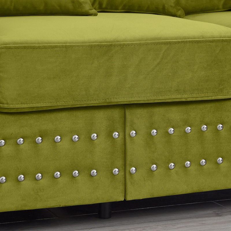 Velvet Upholstered Storage Sofa Set with Loveseat Sofa and 3 Seater Couch, Square Armrests with Silver Nails Decoration