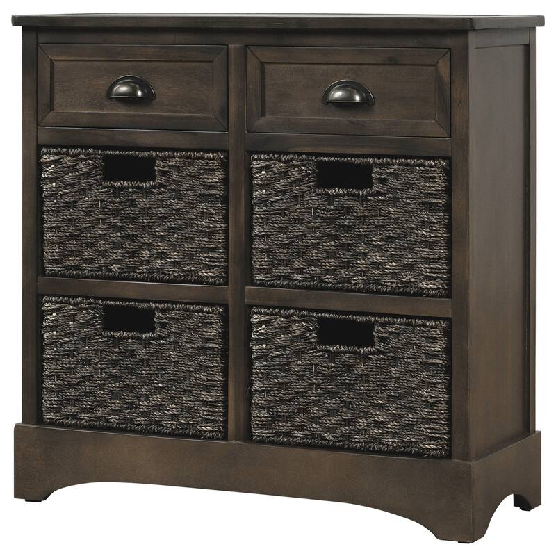 Rustic Storage Cabinet with 2 Drawers and 4 Classic Rattan Basket - 28"L×11.8"W×28"H