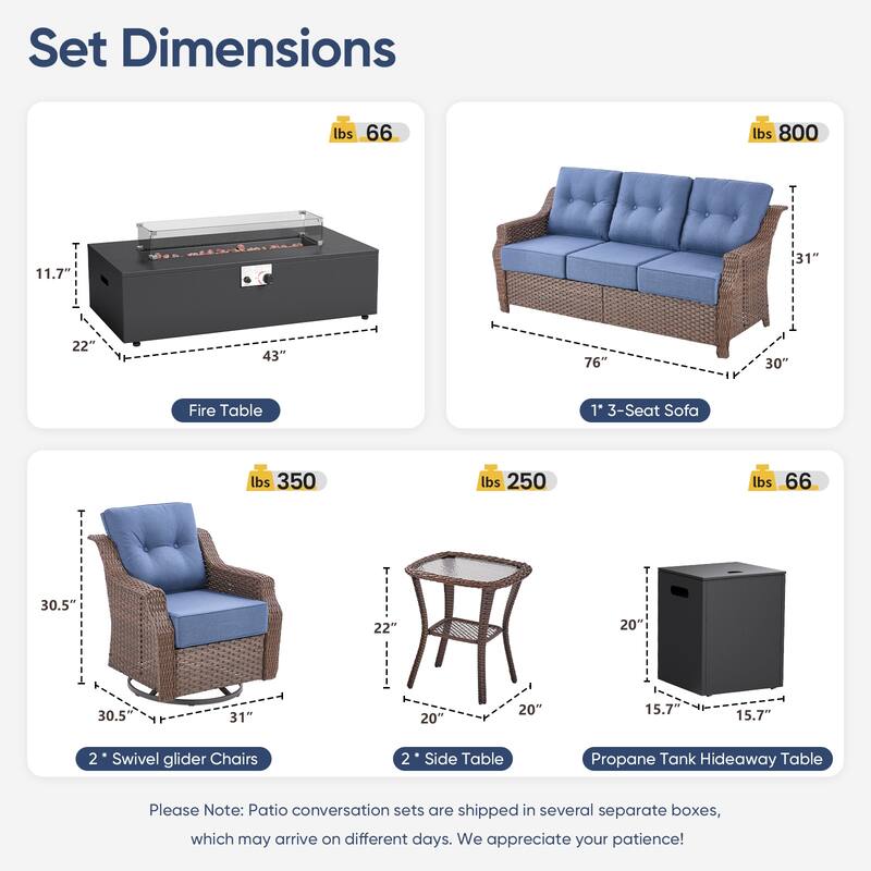 Pocassy 5/7PCS Sofa Swivel Chair Ottoman with Fire Pit Table