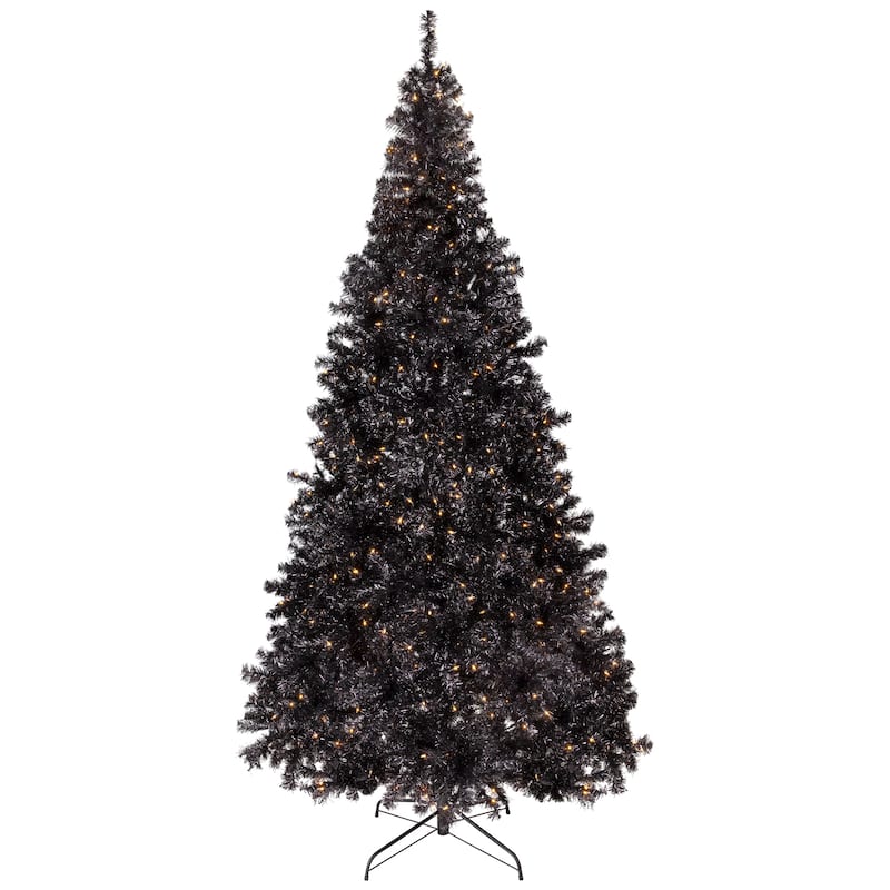 Pre-Lit Artificial Tinsel Halloween Tree - 9' - Black - Clear Lights - 9 Foot