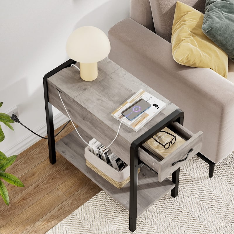 End Table with Charging Station, Narrow Side Table with Drawer and Storage End Table