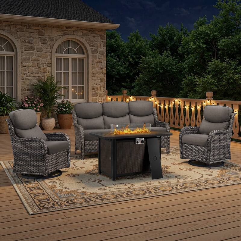 Meyreso 4-Piece Outdoor Patio Metal Fire Pit Wicker Conversation Set with 5-Inch Thick Olefin Cushions - Gray Cushions - Gray Wicker