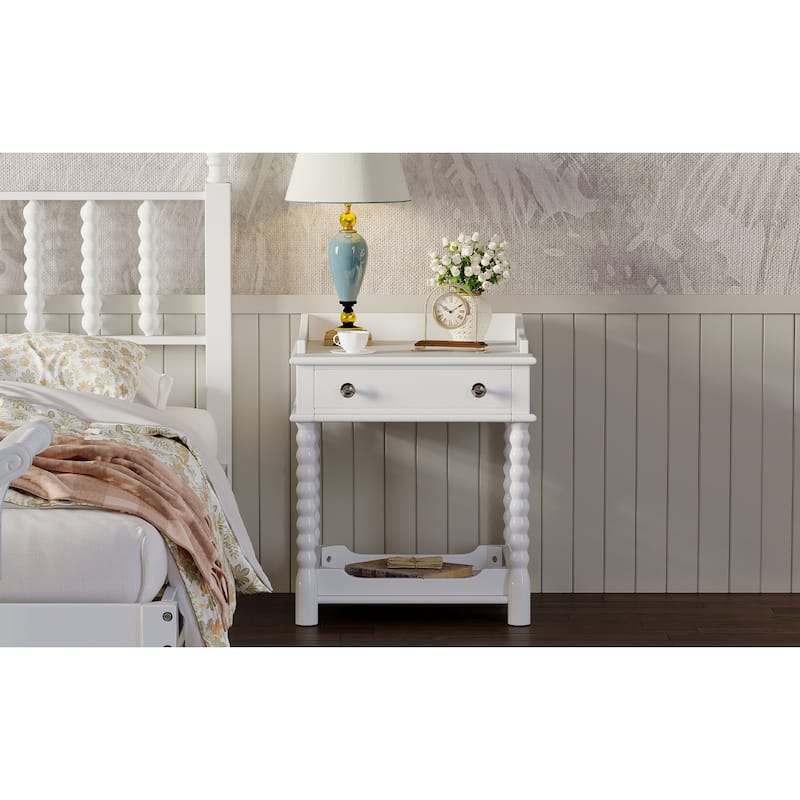 Retro Style Nightstand With Drawer And Open Shelf, Bedside Table With Turned Legs And Metal Handle