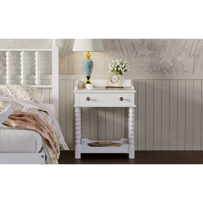 Wooden Nightstand with Drawer and Open Shelf, Accent Nightstand with Turned Legs, Sofa Side Table with Metal Handle