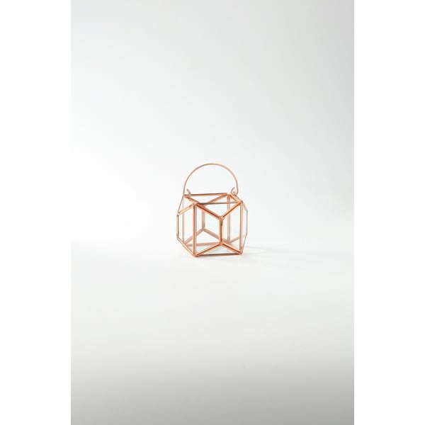 4.5" Rose Gold Colored Geometric Handblown Glass Terrarium with Hinged Ring - N/A