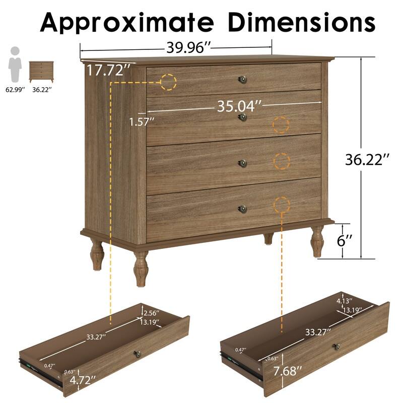 Antique Style 4-Drawer Wood Dresser
