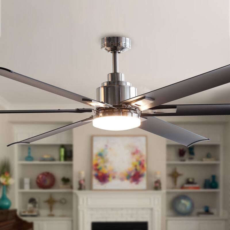 Industrial 72-inch Alumium 6-Blade Brushed Chrome LED Ceiling Fan with Remote and Light Kits - 72-in W x 17.8-in H
