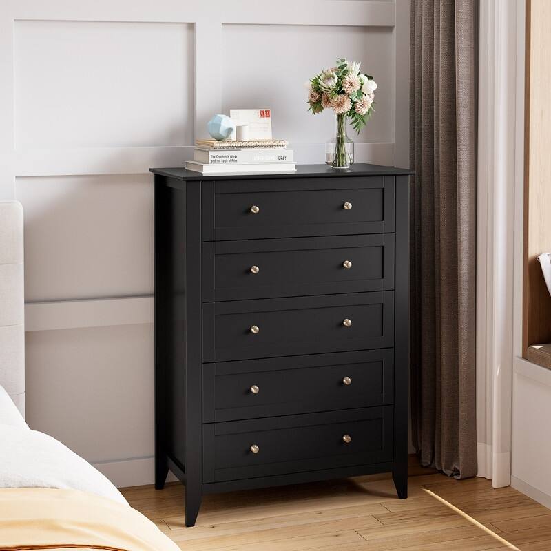 5 Drawer Dresser with Deep Drawers and Nickel Round Handle - Black