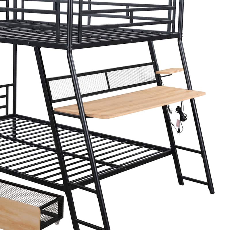Full Size Metal Bunk Bed Built-in Desk, Light and 2 Drawers