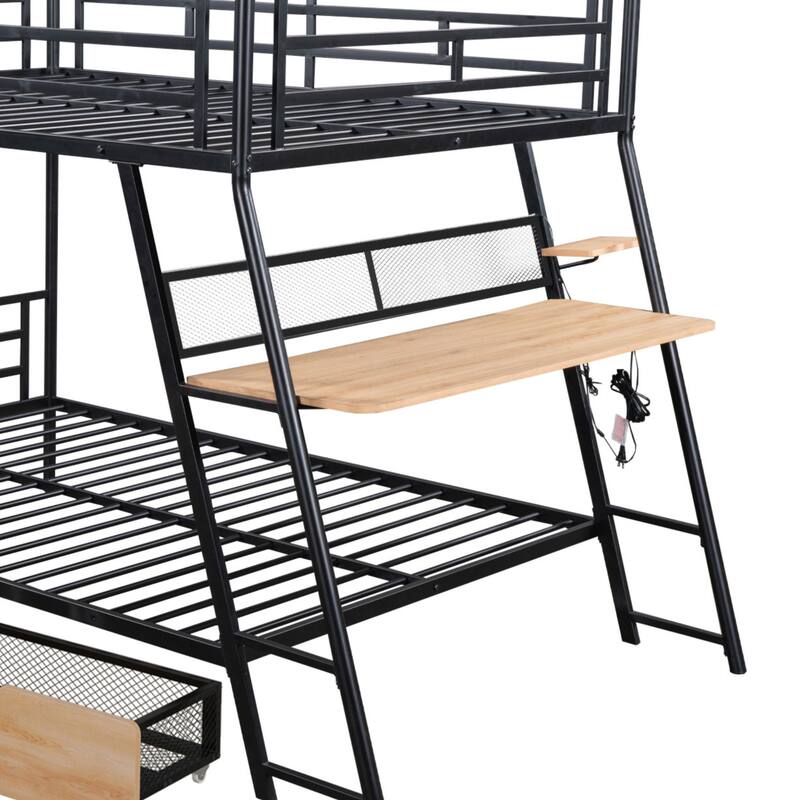 Full Size Metal Bunk Bed with Built-in Desk, Light and 2 Drawers