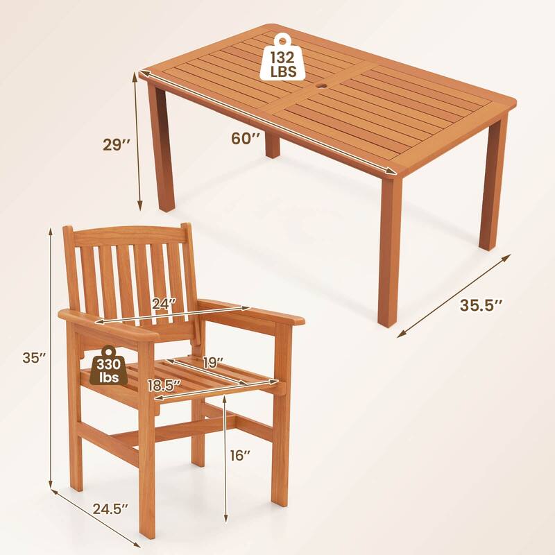 Costway 7 PCS Patio Wood Dining Table Set with 2” Umbrella Hole - See Details