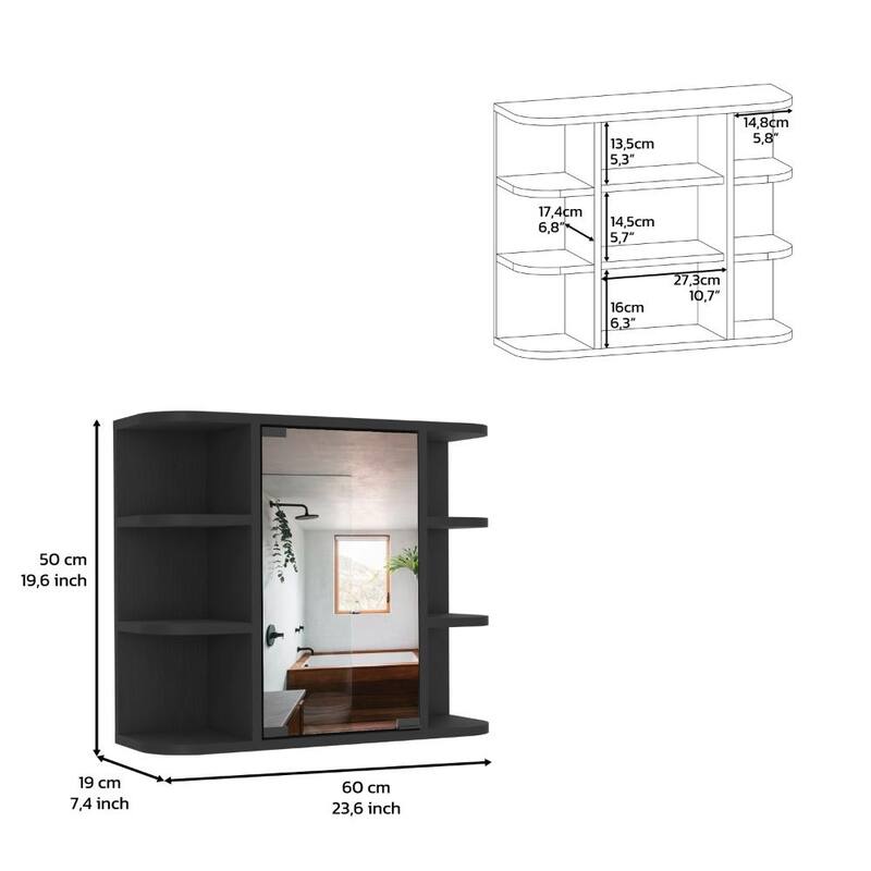 Light Gray Medicine Cabinet - 19.6" H, Mirror Door, 6 Open Shelves, 3 Interior Shelves, Wall-Mounted Storage