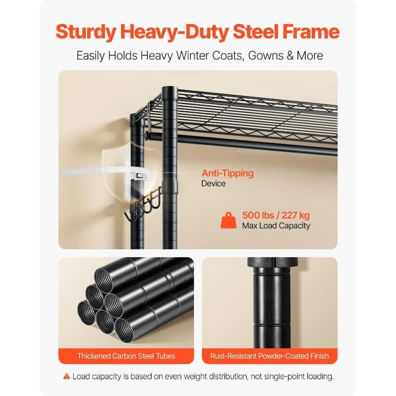 Black Carbon Steel Clothes Rack with 4 Adjustable Shelves 8 Hooks and Hanging Rod for Closet - 30 x 14.02 x 76.38 in