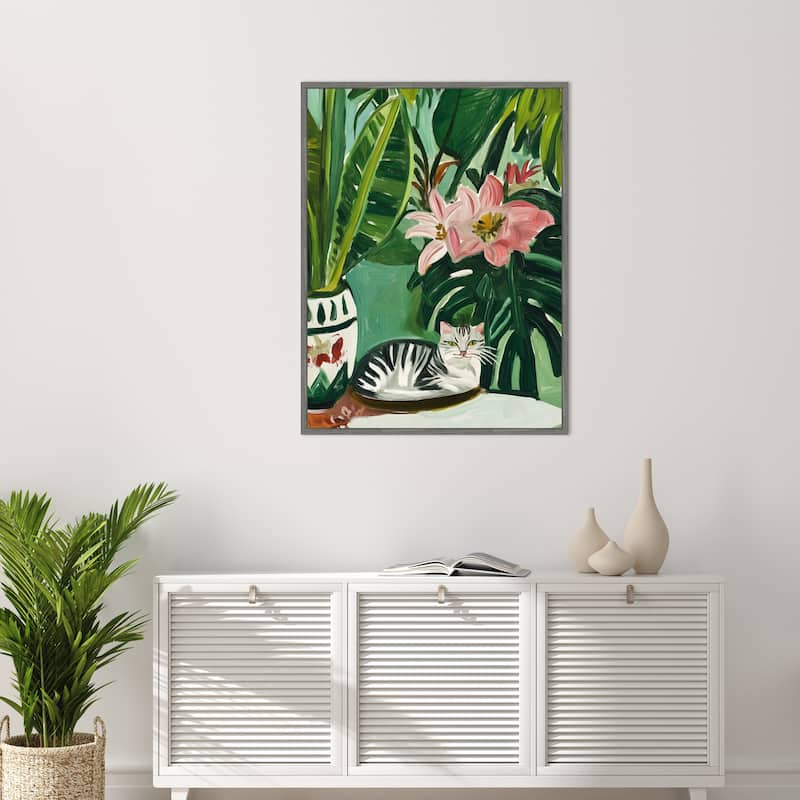 Tropical Muse With Cat by Mowzu Framed Canvas Wall Art
