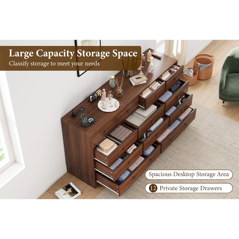 Dresser for Bedroom,12 Drawer Dressers & Chests of Drawers, Wood Storage Drawer Dresser with Power Outlet