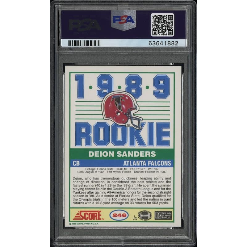 Deion Sanders 1989 Score Football Rookie Card #246 Graded PSA 8 - 8'6" x 11'6"