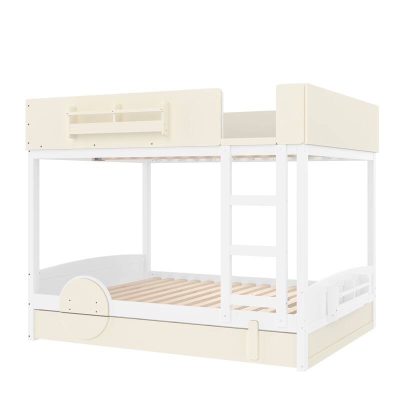 Queen/Full Bunk Bed with Trundle, Built-in Bookshelf & Safety Guardrail, Automobile Design