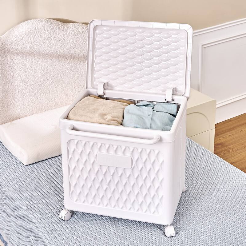 Javlergo White Rolling Laundry Cart with Lid & Wheels 80L Large Capacity Hamper 360° Swivel Wheels with Brakesfor Laundry