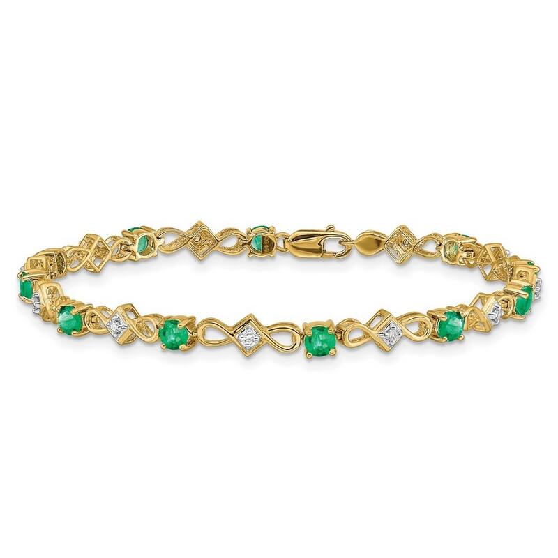 Curata 14k Yellow or White Gold 7" 4mm Emerald, Ruby or Sapphire and Diamond Bracelet