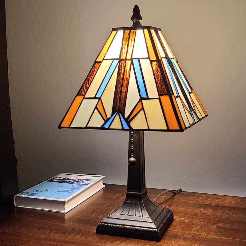 Tiffany Style Mini Accent Lamp Mission Bedside Nightstand Handmade Pull Chain 15" Tall 8" Wide Gift AM100TL08B Amora Lighting