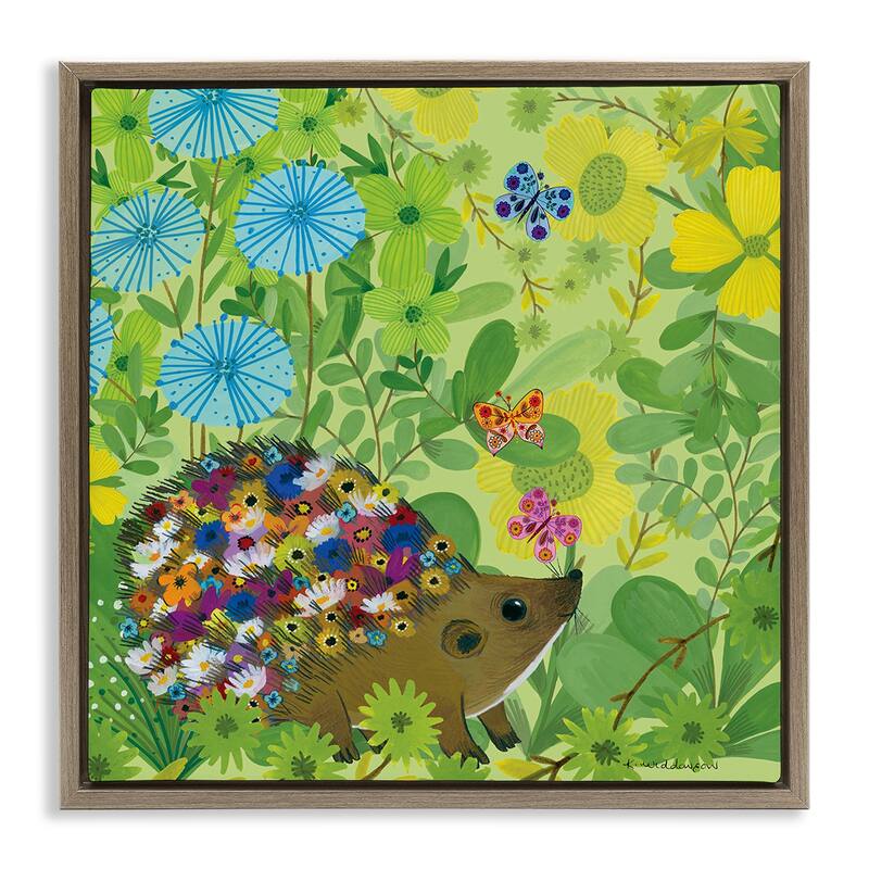 Stupell Happy Hedgehog & Flowers Framed Floater Canvas Wall Art Design By Kay Widdowson - 25 x 25 - Brown