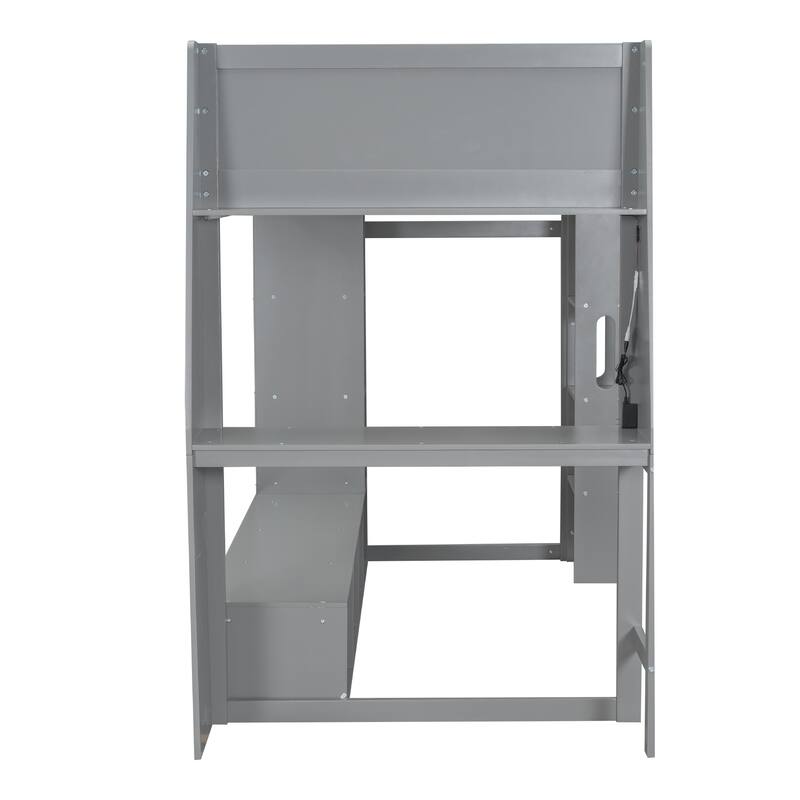 Gray Twin Size Loft Bed with Built-in Desk, Shelves, LED Lighting & Clothes Rack