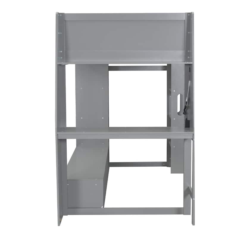 Wood Gaming Loft Bed with LED, Desk, Cabinets, Clothes Rack聽