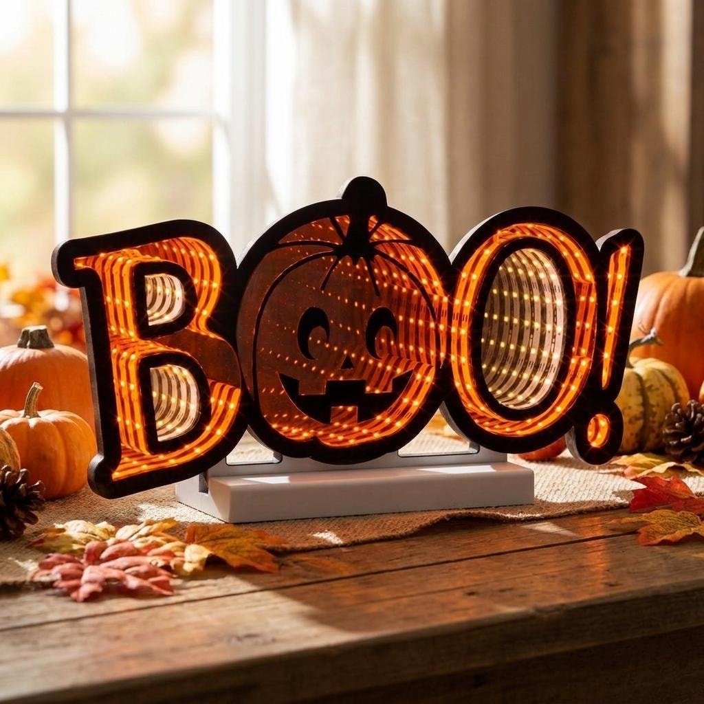 HomeRoots 8" Orange And Black Acrylic Halloween Tabletop Sign with LED - 15.75 in. x 7.75 in. x 3.00 in.