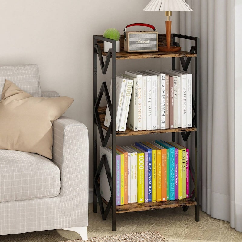 3 Tier Small Black Bookcase Wood and Steel Storage Shelf Space Saving Display Rack for Living Room Bedroom Office