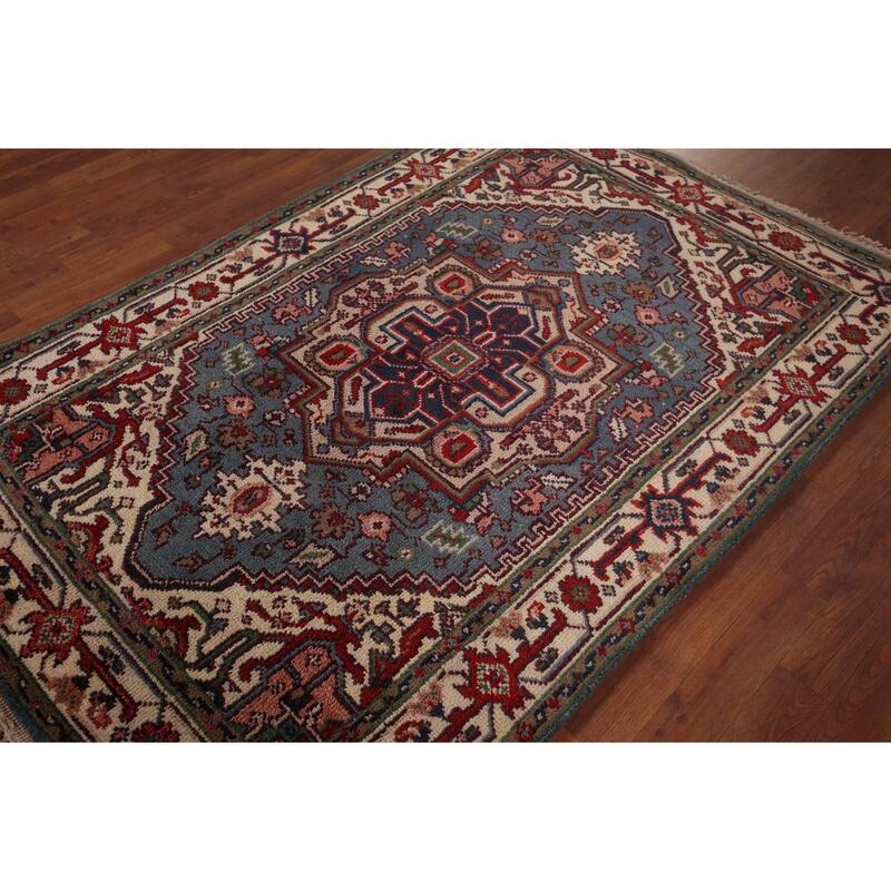Light Blue Geometric Heriz Serapi Rug Hand-Knotted Wool Carpet - 4'0" X 6'0"