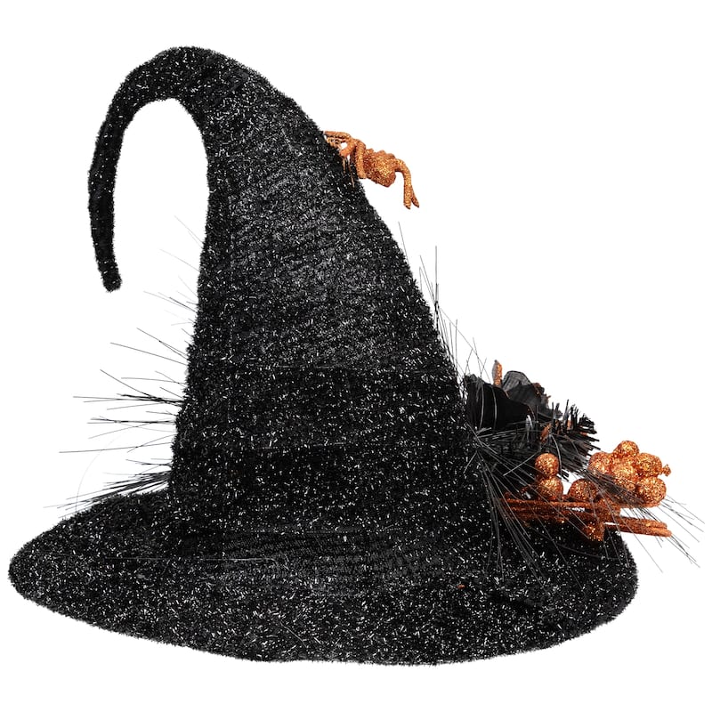 16" Black Tinsel Witch's Hat Orange Glittered Roses Halloween Decor