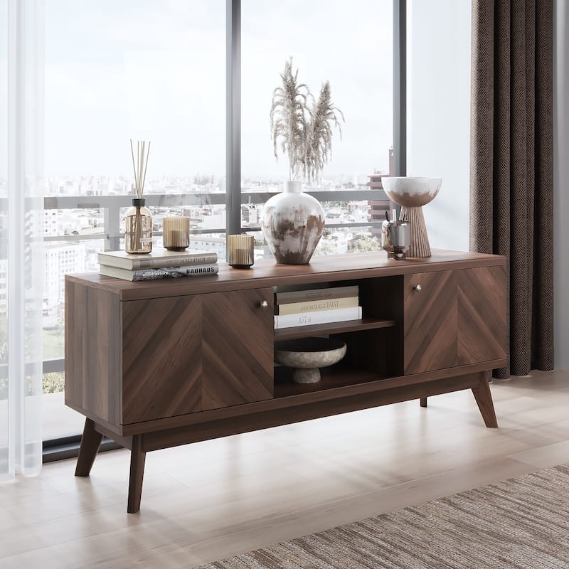 Living Skog Scandi Mid-Century Modern Herringbone TV Stand for TV Up to 65 Inches with Wooden Legs
