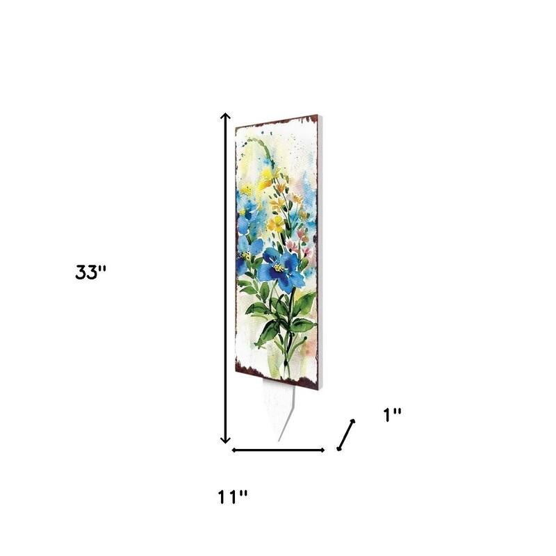 HomeRoots 33" Blue White And Yellow Solid Wood Watercolor Floral Garden Stake