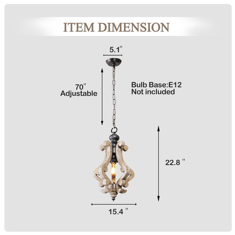 Cusp Barn Farmhouse Light Fixtures Chandelier 1-Light Rustic Wood Pendant Light with Adjustable Chain for Kitchen Island