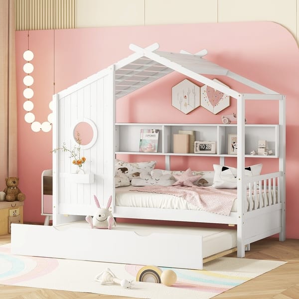 slide 2 of 30, Wooden House Bed with Trundle Bed, Storage Shelf, Platform Bed Frame with Pitched Roof for Kids Teens Adults White - Twin