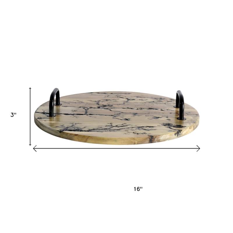 HomeRoots 16" Brown And Black Solid Wood Abstract Round Serving Tray With Handles - 16.00 in. x 3.00 in. x 16.00 in.