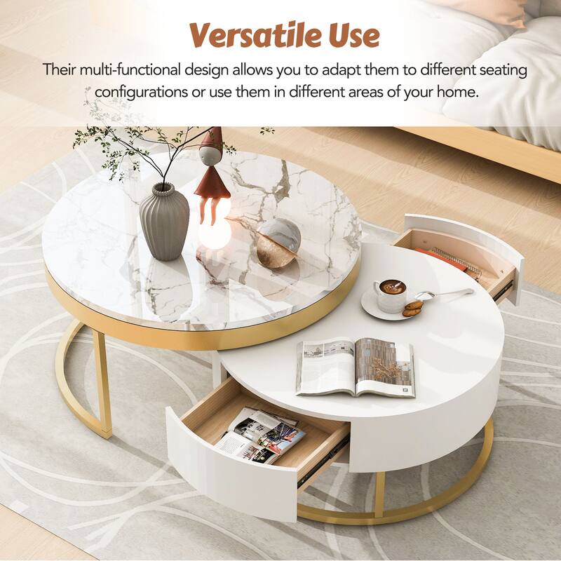 Round Nesting Coffee Table with Drawers in White