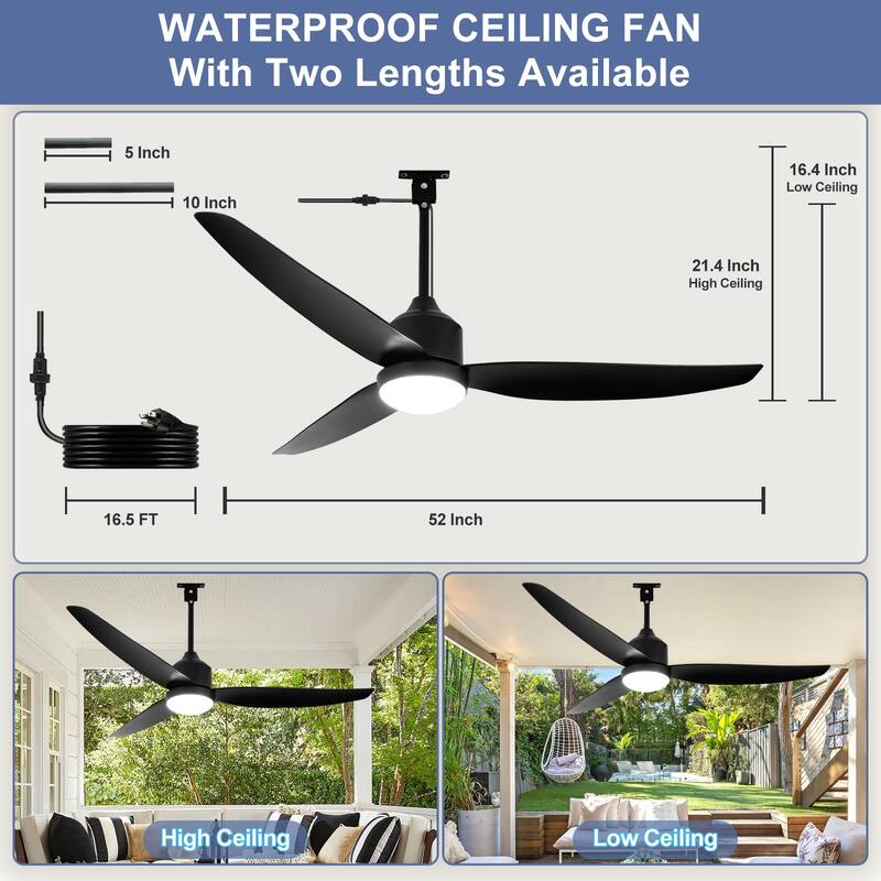 Outdoor Ceiling Fan with Light: 42-52 Inch Hanging - Plug in Waterproof Fans for Patio - Dimmable Remote App Control Black