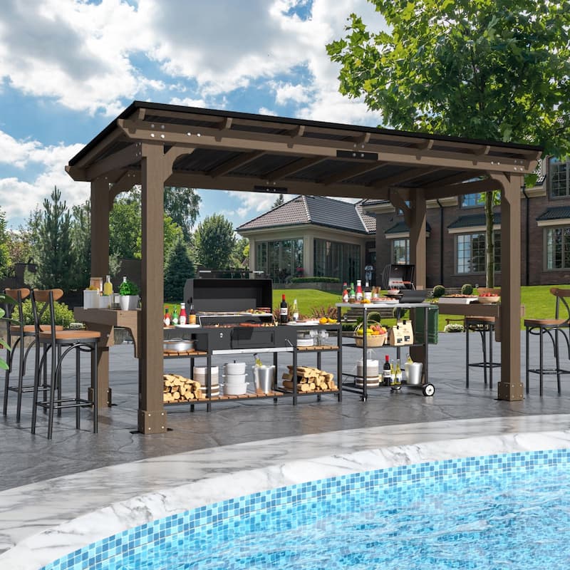 VEIKOUS Wood BBQ Grill Gazebo with Steel Roof for Patio Garden Backyard and Lawn - 6×13
